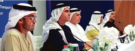  ?? Arshad Ali/Gulf News ?? From left: Hussain Al Banna, Abdul Mohsin Ebrahim Younes, CEO of Rail Agency, Mattar Al Tayer, Abdullah Al Madani, CEO of Corporate Technology Support Services Sector and Ahmad Behroozian, during the press briefing at RTA headquarte­rs.