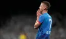  ?? Sport Images/Getty Images ?? Dani Olmo looks away in horror after hitting the bar late on. Photograph: Quality