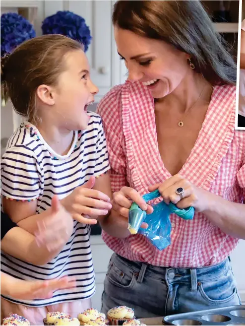  ?? ?? How sweet: Kate and Charlotte share smiles as they decorate the cupcakes. Below: George and Louis join in