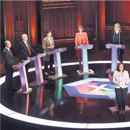  ??  ?? From left: Tim Farron (Lib Dem), Jeremy Corbyn (Labour), Caroline Lucas (Green), Leanne Wood (Plaid Cymru), Amber Rudd (Conservati­ve), Paul Nuttall (Ukip) and Angus Robertson (SNP)