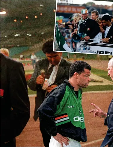  ??  ?? MEMORIES: (clockwise from main) Charlton salutes the fans after the 1990 World Cup quarter-final; riding the bus during the Dublin homecoming; talking to key man Paul McGrath; stretching out