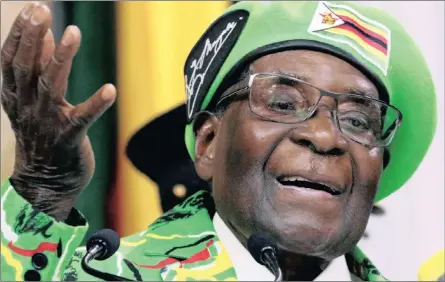  ?? PICTURE: REUTERS ?? Zimbabwean President Robert Mugabe addresses a meeting of his ruling Zanu-PF party’s youth league in Harare, Zimbabwe, on Saturday. Namibia, like South Africa, has serious problems but it has not descended into the kind of deep crisis that we see in...
