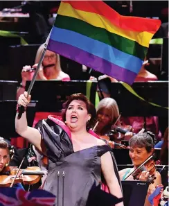  ??  ?? Self-styled ‘queer girl’: US mezzo-soprano Jamie Barton Sea of stars: Months of planning by the EU Flag Mafia saw at least 12 boxes draped with European Union flags while the floor was awash with Prommers in EU berets