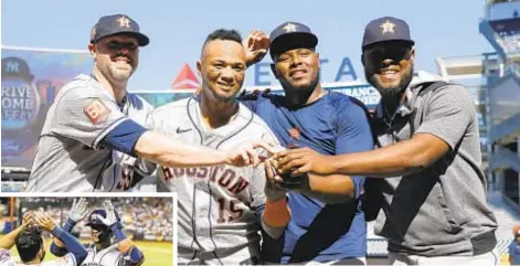  ?? AP ?? Over the past two weeks, the Astros have tossed a combined no-hitter at Yankee Stadium, with (from l.) reliever Ryan Pressly, catcher Martin Maldonado, reliever Hector Neris and starter Cristian Javier celebratin­g on field, and dominated the Mets in Houston and at Citi Field, where Jose Altuve and Yuli Gurriel had a blast.