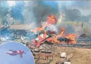  ?? PTI/ANI PHOTOS ?? An aircraft in flames after two jets (left) of IAF'S aerobatic team Surya Kiran crashed in Bengaluru.