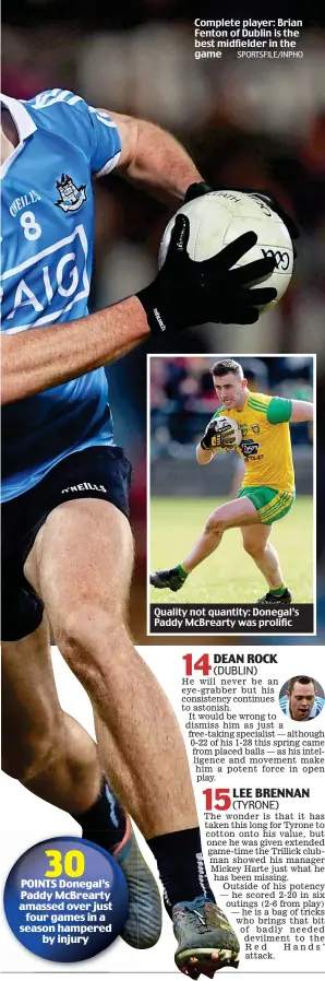  ?? SPORTSFILE/INPHO ?? Complete player: Brian Fenton of Dublin is the best midfielder in the game Quality not quantity: Donegal’s Paddy McBrearty was prolific