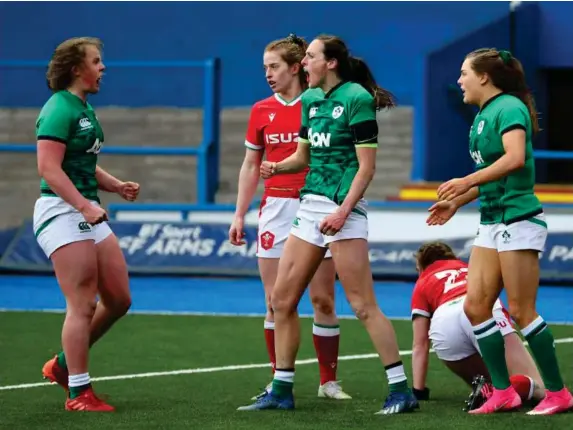  ??  ?? Hannah Tyrrell of Ireland celebrates scoring against Wales in the Women’s Six Nations (Getty)