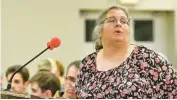  ?? ?? Resident Mary Kiernan speaks during an Upper Mount Bethel Township supervisor­s special meeting regarding water and sewer plans for the massive River Pointe Commerce Park.