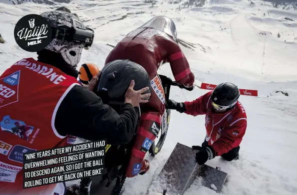  ??  ?? Opening page & above In 2012, after eight years o the bike following a horrendous crash, Éric broke his own snow speed record, hitting 223.30kmh on the slopes of Vars, France