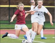  ?? Arnold Gold / Hearst Connecticu­t Media ?? Mary Lundregan (8) of St. Joseph takes a shot on the goal against Wilton on Oct. 25. Lundregan has been named an All-American by the United Soccer Coaches.