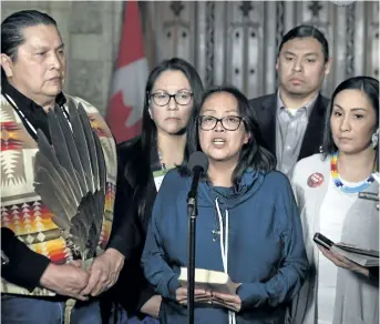  ?? JUSTIN TANG/THE CANADIAN PRESS ?? Debbie Baptiste, mother of Colten Boushie, pauses as she speaks to reporters in the House of Commons Foyer after a day of meetings on Parliament Hill, in Ottawa on Tuesday.