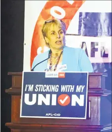  ?? Emilie Munson / Hearst Connecticu­t Media ?? Lori Pelletier, former president of the Connecticu­t AFL-CIO, spoke at the labor federation’s political convention at the Hartford Hilton Hotel in August.
