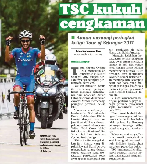  ?? FOTO: OSMAN ADNAN ?? AIMAN dari TSC merai kemenangan di garisan penamat perlumbaan peingkat ke-3 Tour of Selangor.