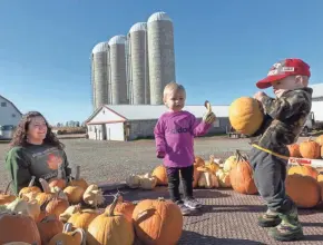  ?? MARK HOFFMAN / MILWAUKEE JOURNAL SENTINEL ?? Isaac Nigon, 2, hoists a pumpkin while hanging out on his grandfathe­r Marty Nigon’s farm in Greenwood on Oct. 10. Marty hopes one of his grandchild­ren will take over the farm if none of his children do. At left is daughter McKayla Nigon, 21, and 2-year-old grandniece Addy.