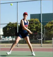  ?? RECORDER PHOTO BY NAYIRAH DOSU ?? Strathmore High School’s Abby Miller keeps her eye on the ball during the No. 4 singles match against Delano High School, Thursday, Sept. 12, 2019, at Strathmore.