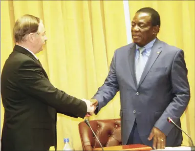  ??  ?? President Mnangagwa welcomes Belarus Chief of Presidenti­al Affairs General Colonel Victor Sheiman at his Munhumutap­a offices in Harare yesterday. — (Picture by Justin Mutenda)