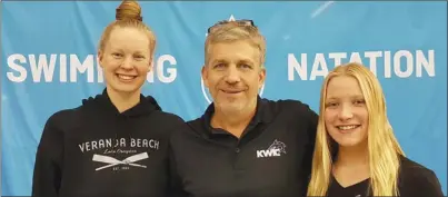  ?? Special to The Daily Courier ?? Molly Hill, coach Emil Dimitrov and Axana Merckx of the Kelowna-West Kelowna Integrated Club (KWIC) pose together at the recent Canadian Swimming Championsh­ips in Montreal.