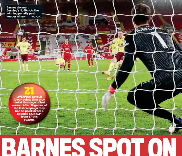  ?? NMC POOL ?? Barnes stormer: Burnley’s No 10 slots the winning penalty past keeper Alisson