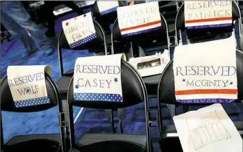  ?? Matt Freed/Post-Gazette ?? Seats are reserved Sunday for Pennsylvan­ia dignitarie­s at Wells Fargo Center before the start of the Democratic National Convention.