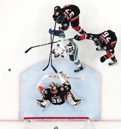  ?? SEAN M. HAFFEY/GETTY IMAGES ?? Josh Mahura, Nick Ritchie, and John Gibson of the Ducks defend against Canucks forward Tyler Motte during the second period at the Honda Center on Wednesday night in Anaheim, Calif. Netminder Gibson stood tall for the Ducks, as he has for most of the season.