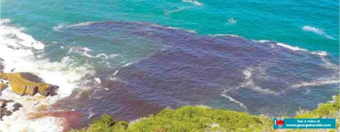  ??  ?? A resident supplied this photo taken from the cliffs above Ballot’s Bay. A current carried the sewage sludge towards Victoria Bay, to the left.