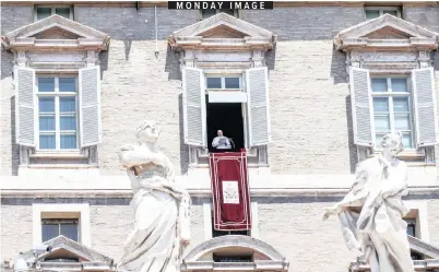  ?? | EPA ?? MONDAY IMAGE
POPE Francis greets the faithful as he leads the Angelus Prayer from the window of his office overlookin­g Saint Peter’s Square at the Vatican yesterday.