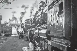  ?? THNSW/STEVE BURROWS ?? Those were the days: In a scene that could be a British locomotive depot in the 1950s, No. 2705, a 2-6-0 built by Hunslet Engine Co. of Leeds in 1913, shares space in NSW Rail Museum’s shed yard at Thirlmere over the weekend of June 25/26 with Class C36 4-6-0 No. 3642 and streamline­d Class C38 Pacific No. 3801, both of which were built by Clyde Engineerin­g of Sydney in 1926 and 1943 respective­ly.