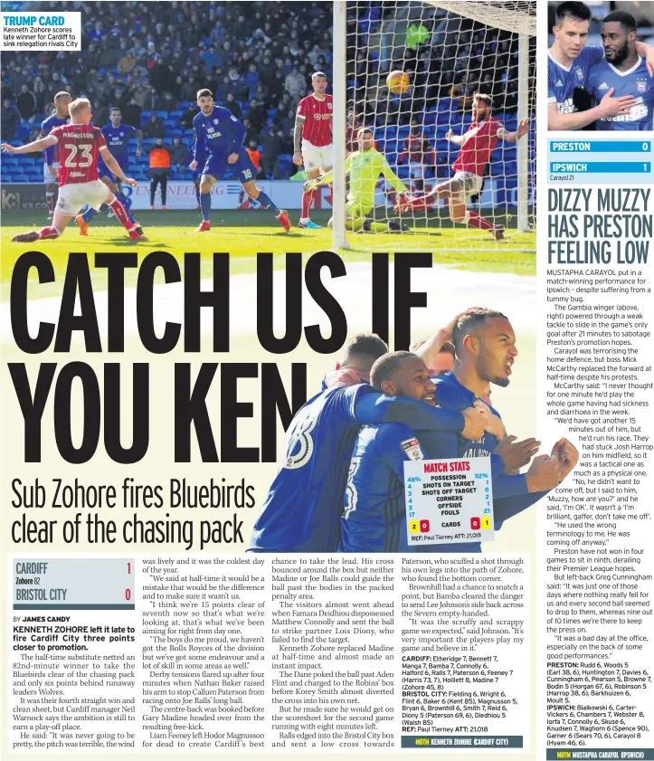  ??  ?? TRUMP CARD Kenneth Zohore scores late winner for Cardiff to sink relegation rivals City