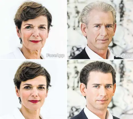  ??  ?? Sebastian Kurz, Pamela Rendi-Wagner & Co. – Bilder der Spitzenkan­didaten der Parteien, mit der FaceApp-Software bearbeitet