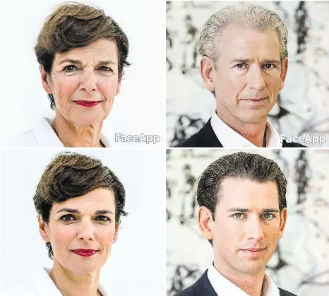  ??  ?? Sebastian Kurz, Pamela Rendi-Wagner & Co. – Bilder der Spitzenkan­didaten der Parteien, mit der FaceApp-Software bearbeitet