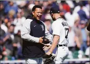  ?? Paul Sancya / Associated Press ?? The Detroit Tigers’ Miguel Cabrera and Austin Meadows (17) celebrate beating the New York Yankees 3-0 on Thursday.