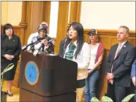  ?? Ben Lambert / Hearst Connecticu­t Media ?? U.S. Rep. Rosa DeLauro and other advocates called for Congress to allocate funding to research gun violence Friday during a press conference at New Haven City Hall. Above, Po Murray, chairwoman of Newtown Action Alliance, speaks.