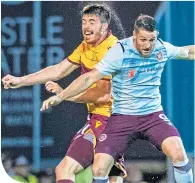  ??  ?? Declan Gallagher contests a high ball with Hearts’ Connor Washington during Friday’s tie