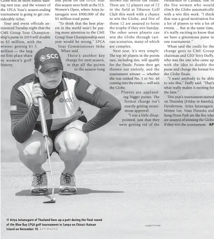  ?? AFP PHOTO ?? Ariya Jutanugarn of Thailand lines up a putt during the final round of the Blue Bay LPGA golf tournament in Sanya on China’s Hainan Island on November 10.