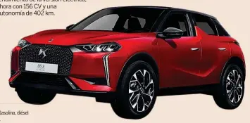  ?? ?? DS 3
Los cambios no son profundos, pero sí numerosos. Para empezar, pierde el apellido ‘Crossback’, como en el DS 7. El diseño es más elegante y mejora en cuanto a dotación y rendimient­o de la versión eléctrica, ahora con 156 CV y una autonomía de 402 km.
● Motores: Gasolina, diésel y eléctrico.
● Potencia: 131 y 156 CV.
● Longitud/Anchura/Altura: 4.118/1.791/1.534 mm.
● Autonomía: 402 km.
● Etiquetas DGT: C y CERO.
● Precio: Desde 30.300 €.