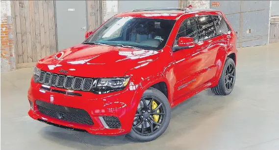  ?? BRIAN HARPER/DRIVING ?? The 2018 Jeep Grand Cherokee Trackhawk is sports-car fast. The $110,000 uber-Jeep is a 45-gallon drum of whoop-ass just waiting to be released.