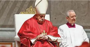  ?? REMO CASILLI/REUTERS ?? Pope Francis presides over the Good Friday Passion of the Lord service in St. Peter’s Basilica at the Vatican.