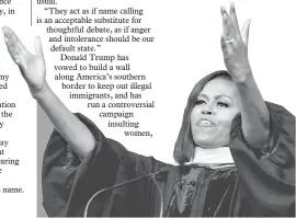  ??  ?? Michelle addresses graduating students at the City College of New York’s commenceme­nt ceremony in the Harlem section of Manhattan, New York, US. — Reuters photo