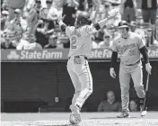  ?? KIYOSHI MIO USA TODAY NETWORK ?? The Orioles’ Gunnar Henderson reacts after a home run during Wednesday’s third inning against the host Angels.