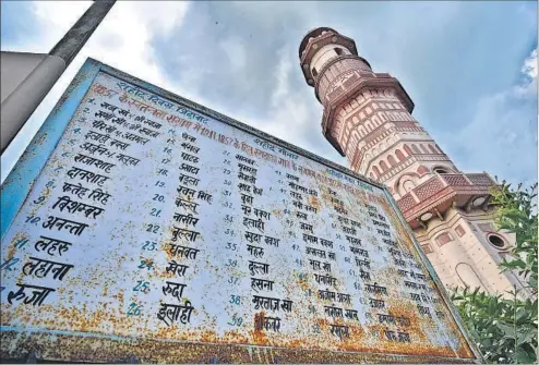  ?? PHOTOS: ARUN SHARMA/HT ?? The Shaheed Minar at Rupraka village, built in the 2000s, to mark the death of 350 Meos who were killed fighting the British on November 19, 1857.