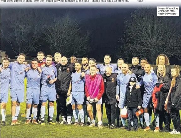  ??  ?? Hayes &amp; Yeading celebrate after their 9-1 victory