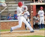  ?? AUSTIN HERTZOG — DIGITAL FIRST MEDIA FILE ?? Boyertown’s Caleb Harrison finished with three hits including a two-run home run during Sunday’s win over Meadville in the Pa. State legion baseball playoffs.