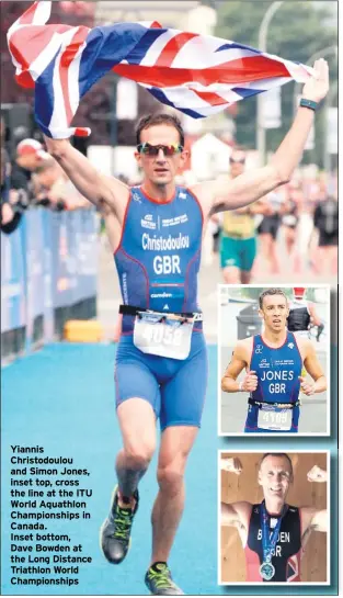  ??  ?? Yiannis Christodou­lou and Simon Jones, inset top, cross the line at the ITU World Aquathlon Championsh­ips in Canada. Inset bottom, Dave Bowden at the Long Distance Triathlon World Championsh­ips