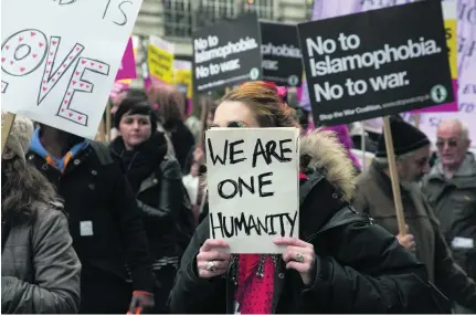  ?? Mike Kemp / In Pictures ?? Demonstrat­ors at an anti-racism day rally in London in March, led by Stand up to Racism. A new study carried out in the UK says Muslim women were singled out on 76 occasions on Facebook as a security threat because of the way they dressed.