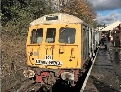  ?? CLASS 504 PRESERVATI­ON SOCIETY. ?? The sole-surviving Class 504 electric multiple unit stands on display at Bury Bolton Street on November 5 2017. The Bury Line Farewell headboard is the same one carried by 504456 on the evening of August 16 1991, when the final Bury to Crumpsall...
