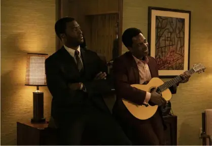  ?? Patti Perret/Amazon Studios ?? Aldis Hodge, left, as Jim Brown, and Leslie Odom Jr. as Sam Cooke in “One Night in Miami.”