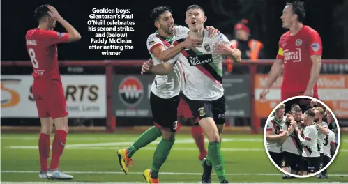  ??  ?? Goalden boys: Glentoran’s Paul O’Neill celebrates his second strike,
and (below) Paddy McClean after netting the
winner