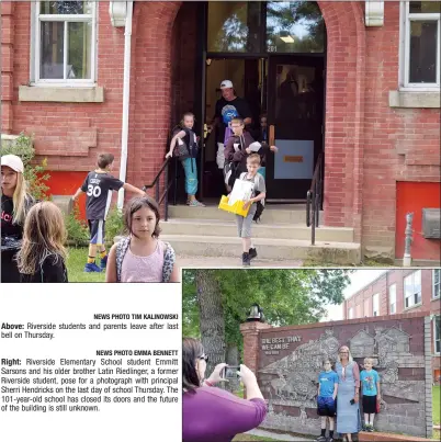  ?? NEWS PHOTO TIM KALINOWSKI NEWS PHOTO EMMA BENNETT ?? Above: Riverside students and parents leave after last bell on Thursday.
Right: Riverside Elementary School student Emmitt Sarsons and his older brother Latin Riedlinger, a former Riverside student, pose for a photograph with principal Sherri...