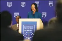  ?? THE ASSOCIATED PRESS ?? Former U.S. Secretary of State Condoleezz­a Rice speaks during a news conference at the NCAA headquarte­rs Wednesday in Indianapol­is. The Commission on College Basketball, led by Rice, released a detailed 60-page report Wednesday in response to a federal...