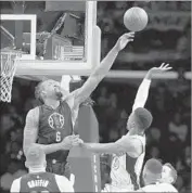  ?? Robert Gauthier Los Angeles Times ?? DeANDRE JORDAN of the Clippers swats away a shot by the Lakers’ David Nwaba at Staples Center.